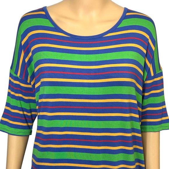 LuLaRoe Women's M Striped Green Blue Yellow Short Sleeve Irma Tunic Blouse Shirt - Picture 2 of 11